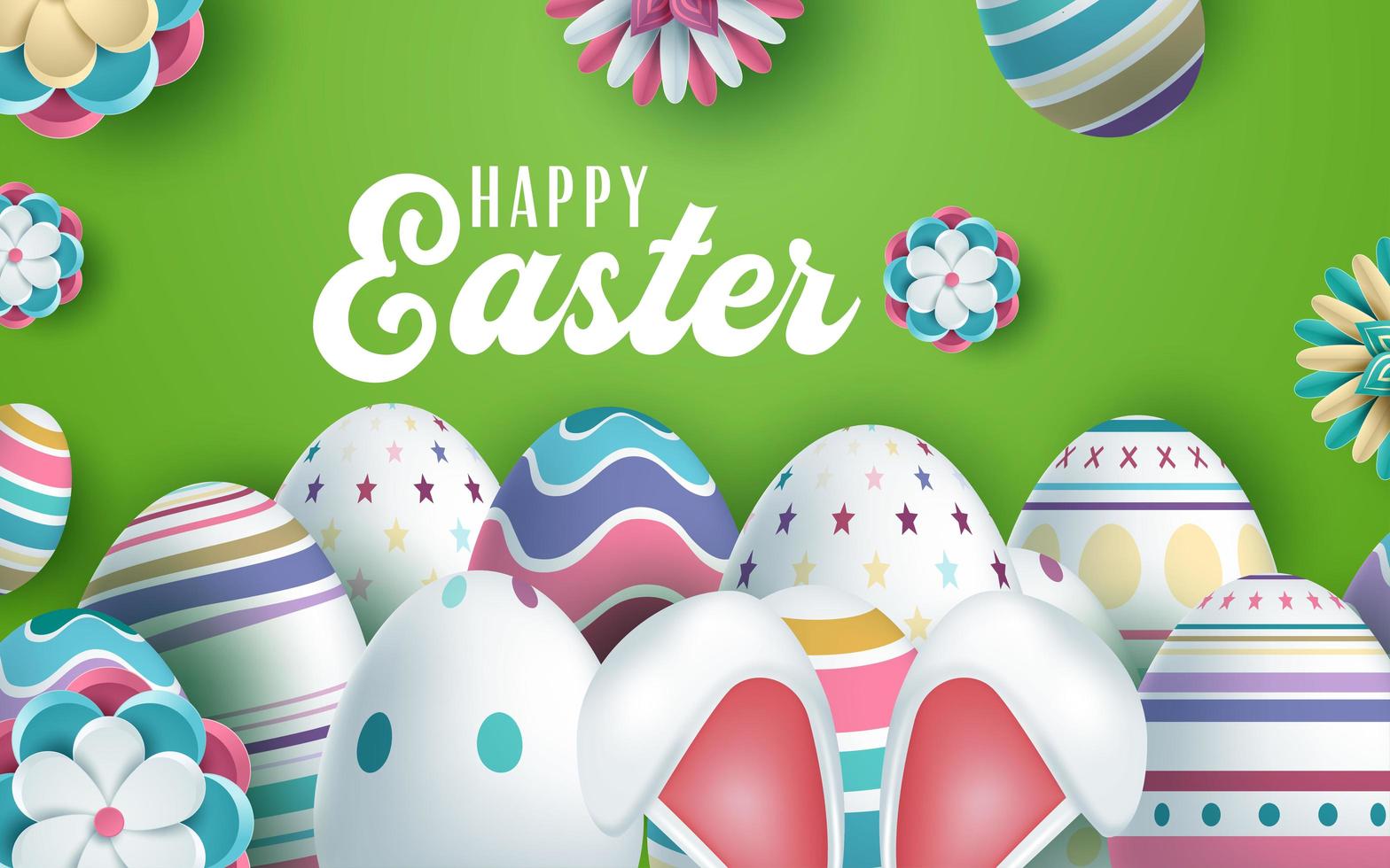 orecchie di coniglio e uova decorate design di auguri di Pasqua vettore