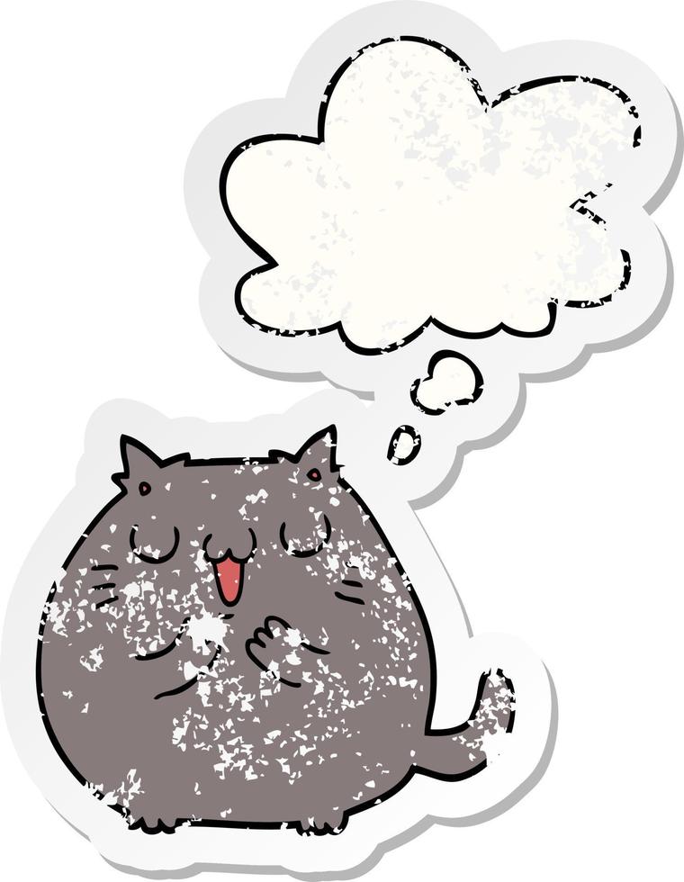 gatto cartone animato felice e bolla di pensiero come adesivo consumato in difficoltà vettore