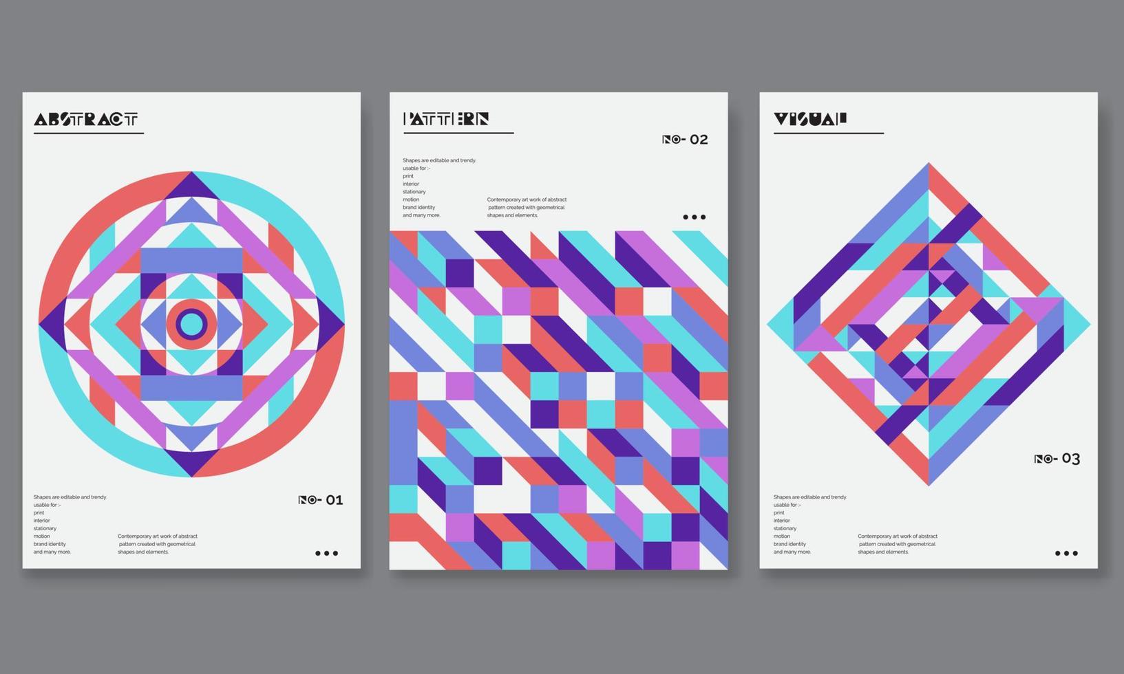 set di tre sfondi astratti in stile retrò con forma geometrica.applicabile per copertina, poster, design di carte e altri articoli relativi alla stampa e al web.forme geometriche colorate. vettore