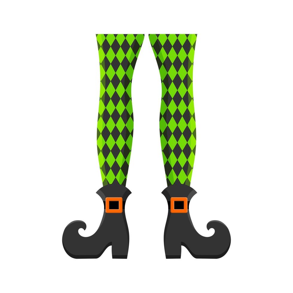 bizzarre gambe da strega o leprechaun in calze con motivo a rombo e stivali con fibbie isolate su sfondo bianco. elemento di costume per halloween o il giorno di san patrizio vettore