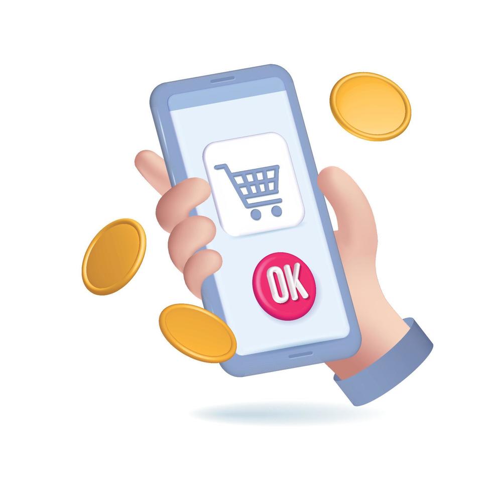 concetto di acquisto online per modello di banner. cartone animato 3d mano che tiene smartphone con app per lo shopping, denaro, pulsante carrello online. illustrazione di rendering vettoriale con il concetto di marketing mobile, e-commerce