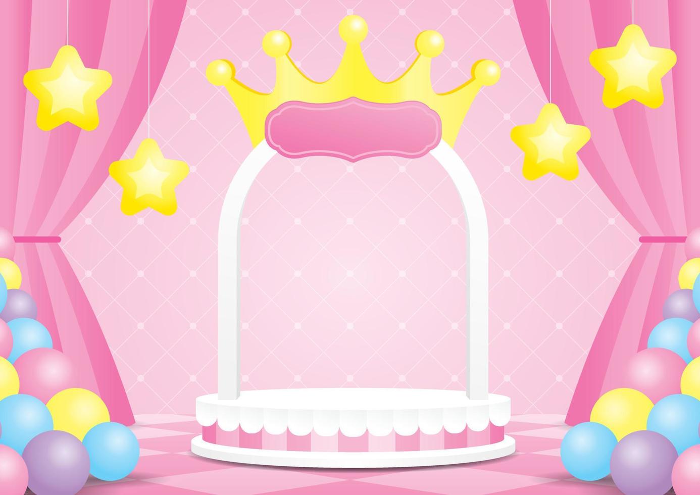 carino kawaii principessa display a tema illustrazione 3d vettore composto da palco ad arco con forma a corona e stelle prop su pavimento a scacchi e parete dolce con tenda rosa e palloncini colorati pastello