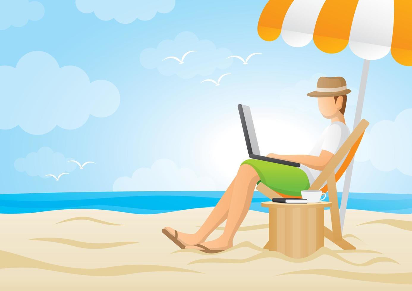 un uomo sta lavorando su un computer portatile in spiaggia con cielo blu e ombrellone arancione. vettore di illustrazione del lavoro.