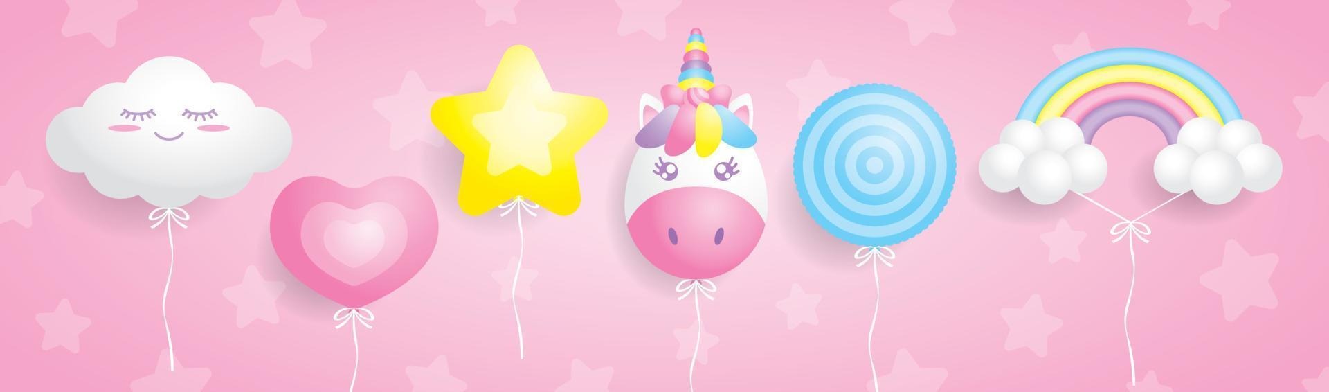 carino kawaii palloncini elemento illustrazione vettore su sfondo rosa pastello