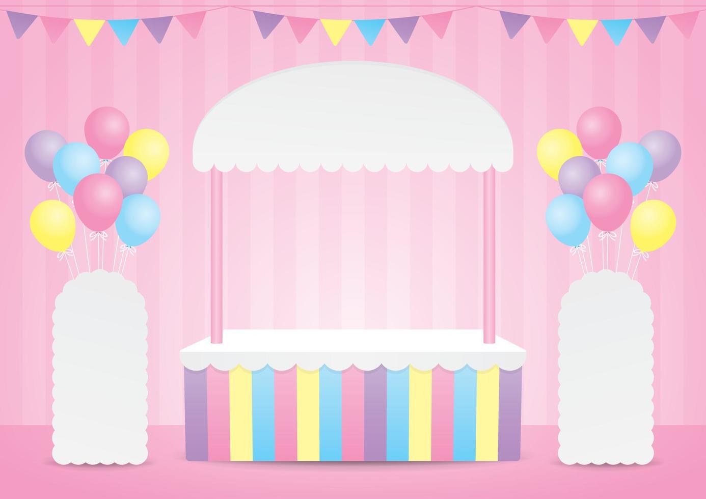 carino stile kawaii pop up store 3d illustrazione vettoriale con segno standee e palloncini colorati pastello su pavimento e parete rosa dolce