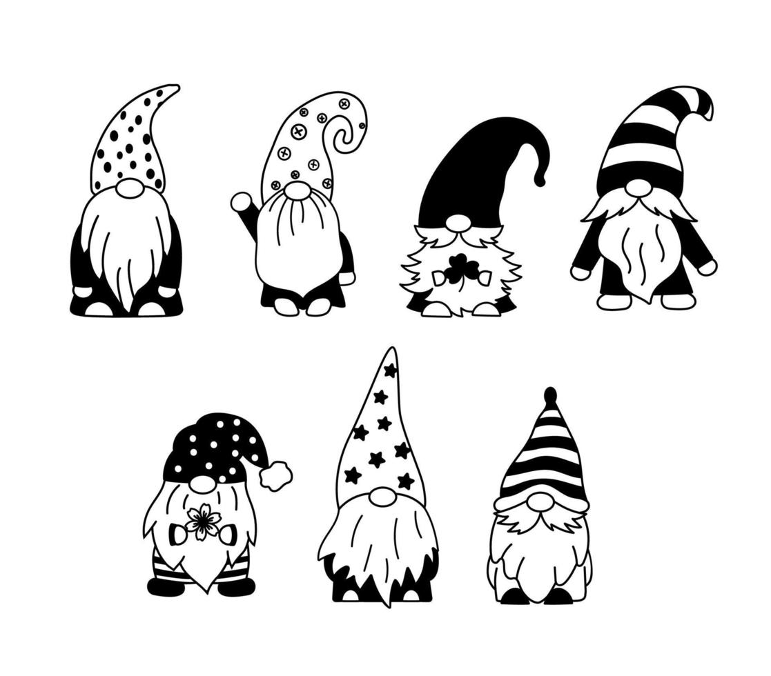 set di piccoli gnomi da giardino. collezione di simpatici elfi delle feste con cappelli. illustrazione vettoriale. disegno per bambini. vettore