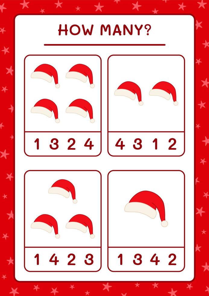 quanti cappelli di babbo natale, gioco per bambini. illustrazione vettoriale, foglio di lavoro stampabile vettore