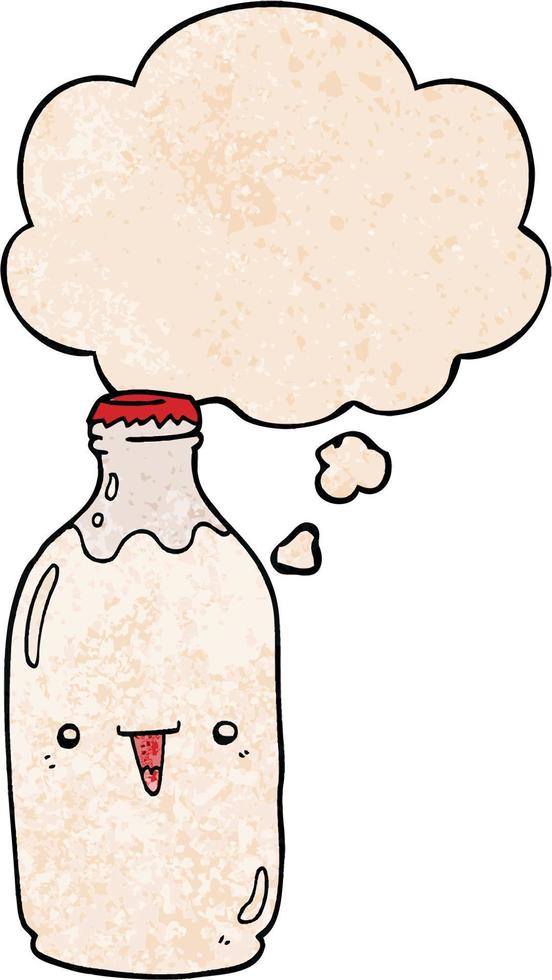 simpatico cartone animato bottiglia di latte e bolla di pensiero in stile grunge texture pattern vettore