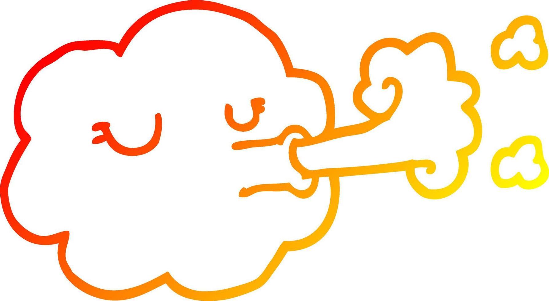 nuvola di cartone animato di disegno a linea a gradiente caldo che soffia una burrasca vettore