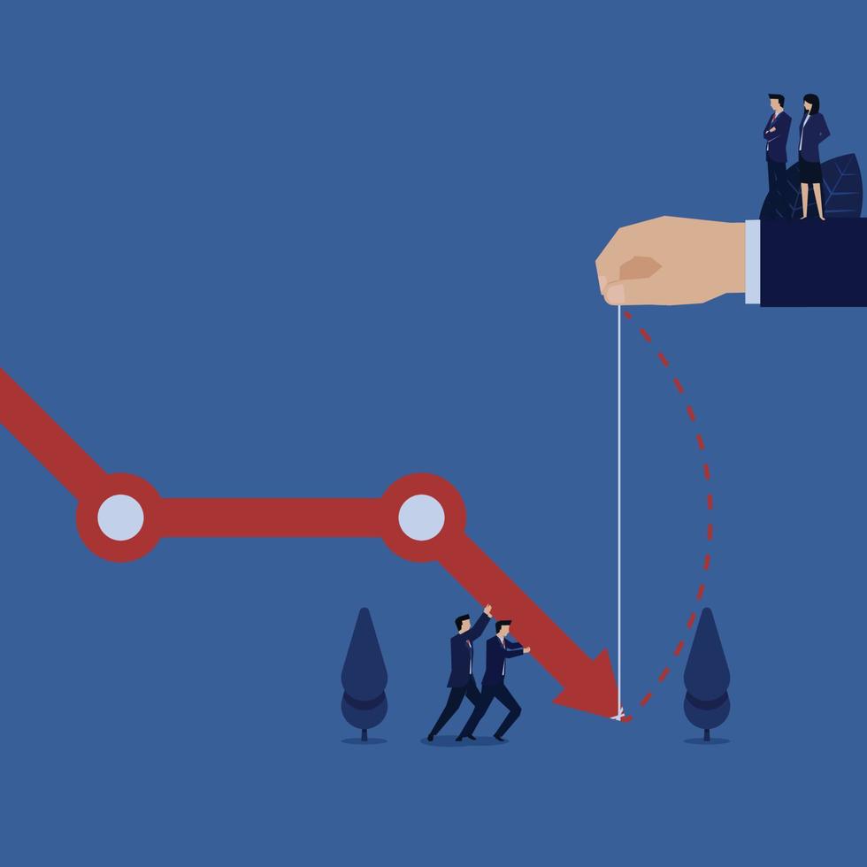 il team aziendale cerca di tirare verso l'alto la metafora della perdita del grafico. vettore