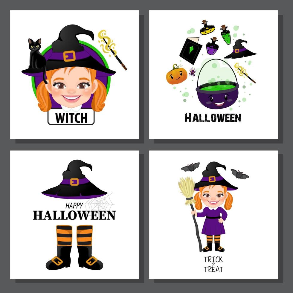 set di carino modello di carta di halloween con personaggio dei cartoni animati della strega per biglietti di compleanno, inviti, tag, vettore di decorazione del partito