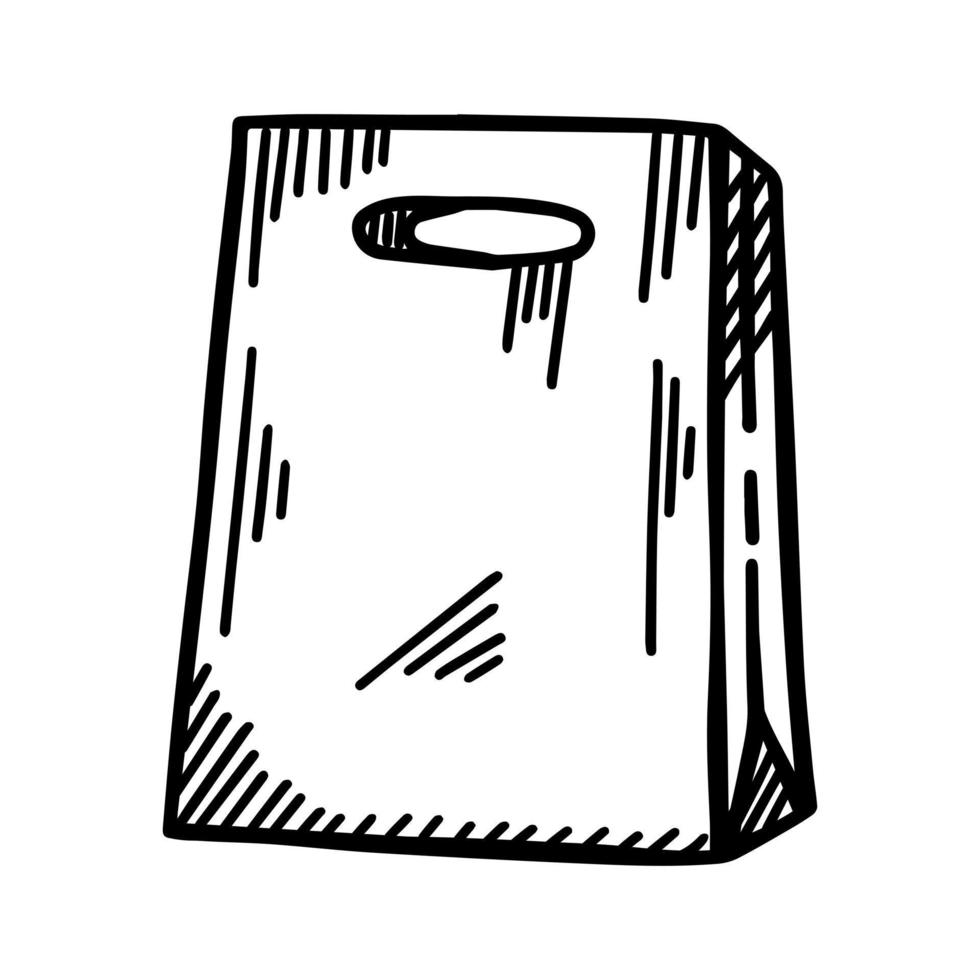 sacchetto della spesa di carta abbozzato isolato. pacchetto doodle in stile disegnato a mano. vettore