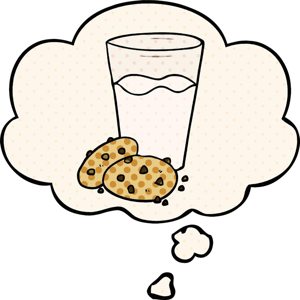 biscotti del fumetto e latte e bolla di pensiero in stile fumetto vettore