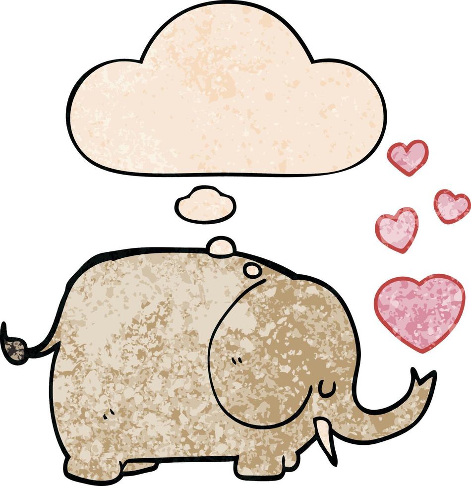 simpatico cartone animato elefante con cuori d'amore e bolla di pensiero in stile grunge texture pattern vettore