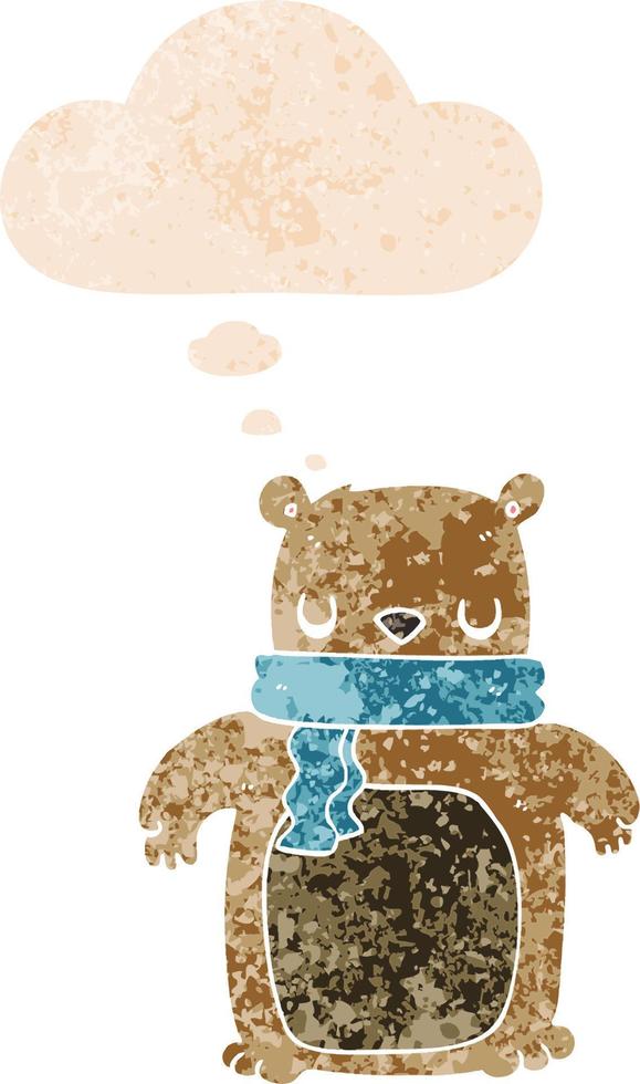 cartone animato orso con sciarpa e bolla di pensiero in stile retrò strutturato vettore