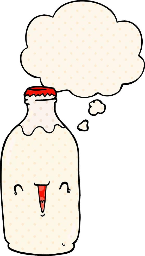 simpatico cartone animato bottiglia per il latte e bolla di pensiero in stile fumetto vettore