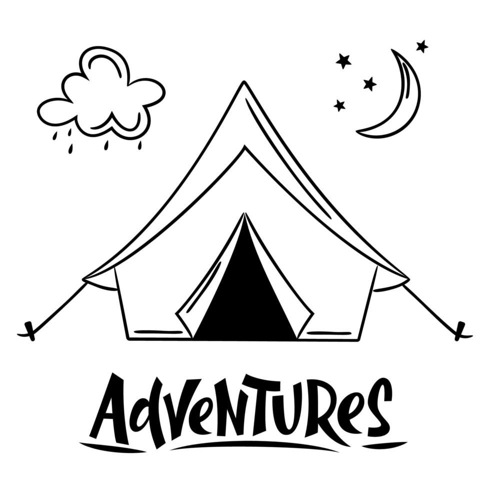 tenda da campo, luna e nuvola isolate su bianco, simbolo di viaggio e avventura vettore