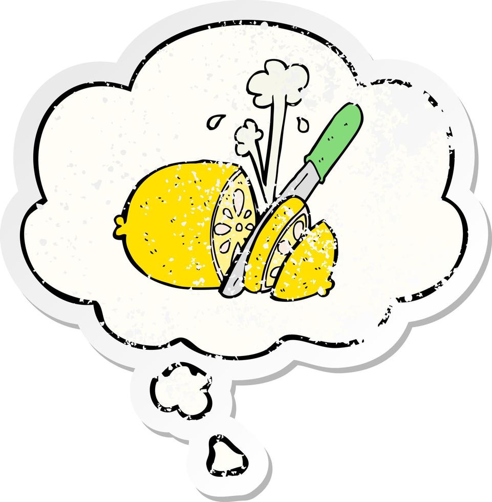 cartone animato affettato limone e bolla di pensiero come adesivo consumato in difficoltà vettore