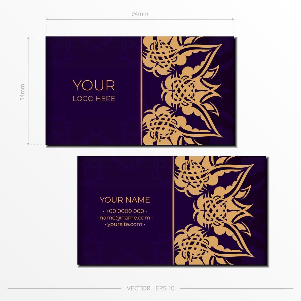 modello di biglietti da visita di lusso viola con ornamenti decorativi biglietti da visita, motivo orientale, illustrazione. vettore