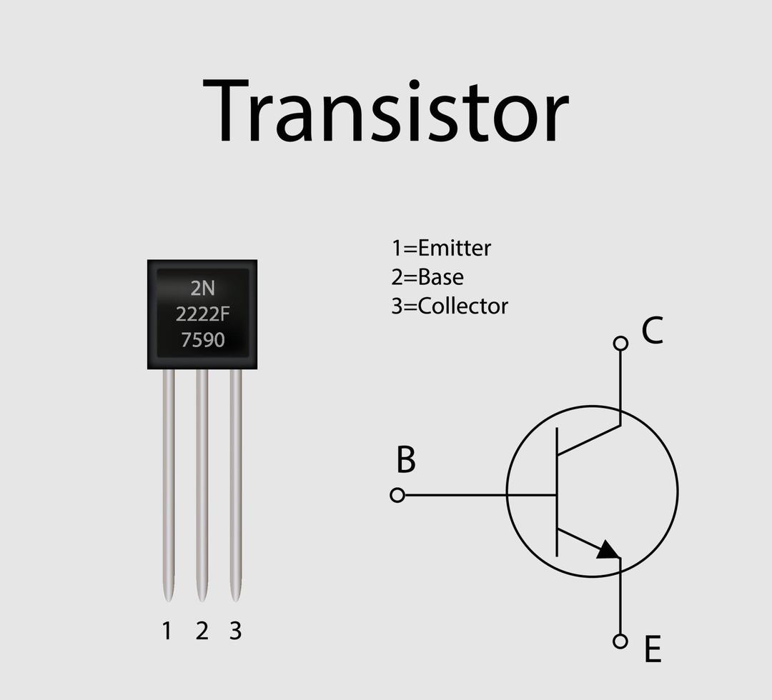 componente elettronico a transistor con il suo diagramma di simboli illustrazione vettoriale eps 10.