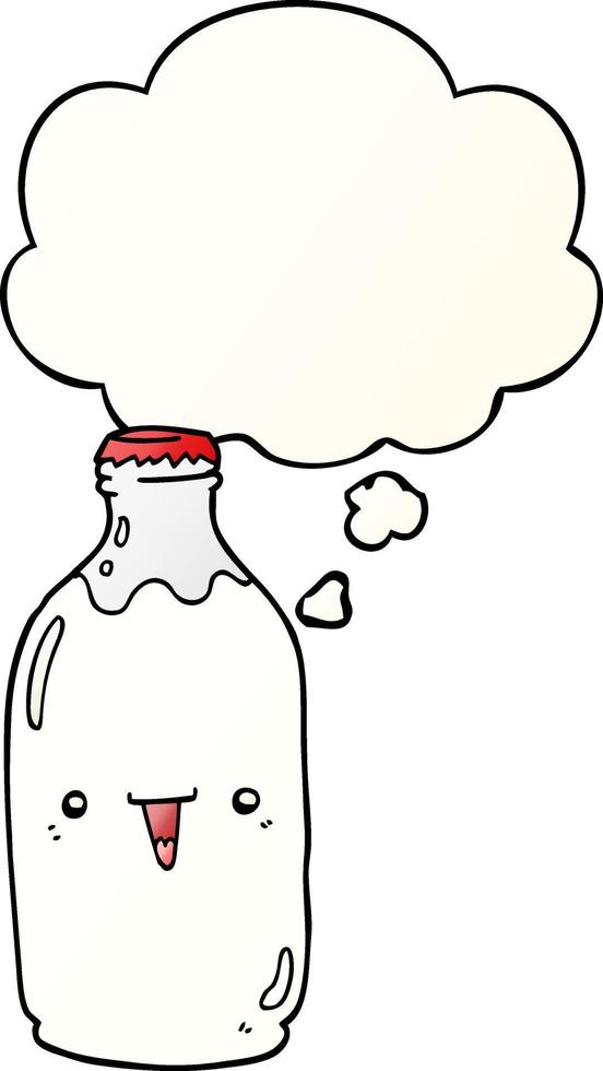 simpatico cartone animato bottiglia di latte e bolla di pensiero in stile sfumato liscio vettore