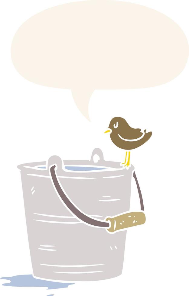 uccello del fumetto che esamina secchio d'acqua e fumetto in stile retrò vettore