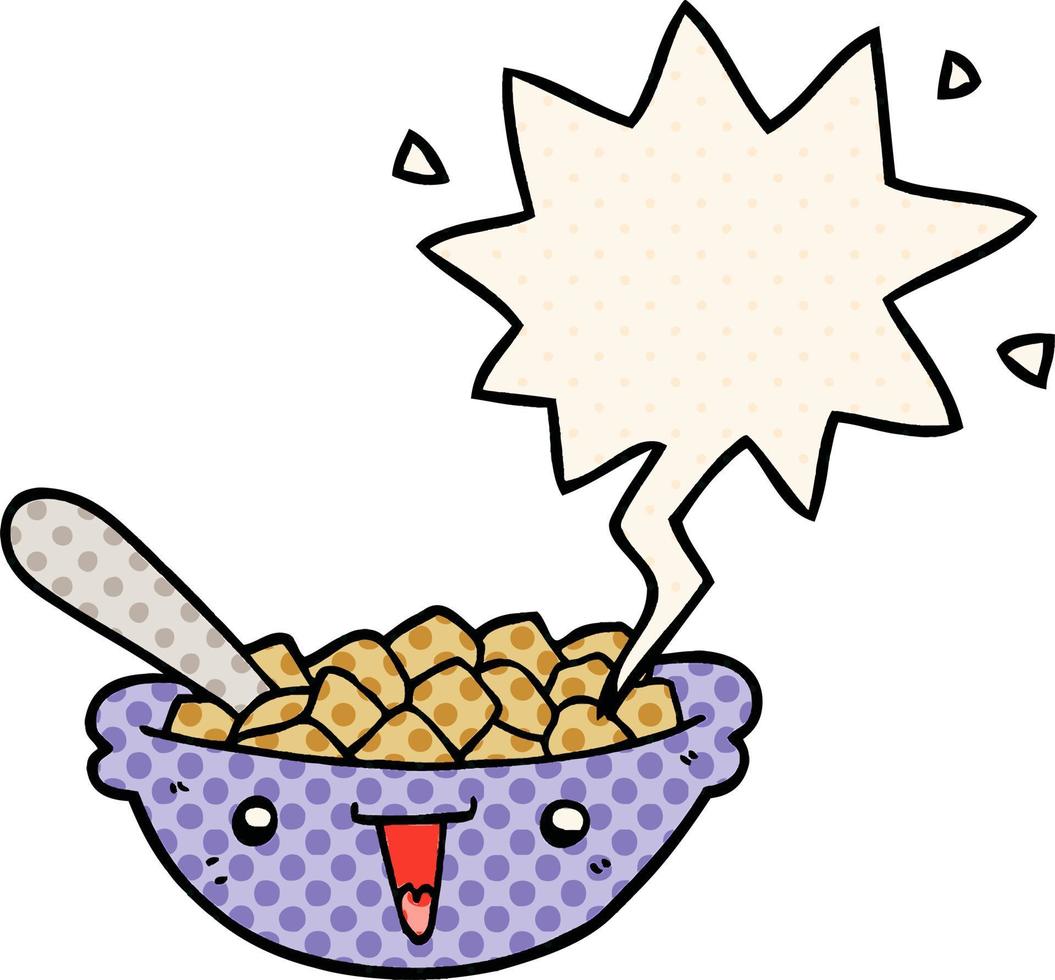 simpatico cartone animato ciotola di cereali e nuvoletta in stile fumetto vettore