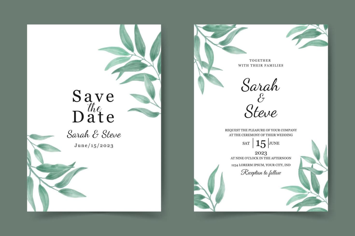 modello di carta di invito a nozze. bellissimo sfondo di foglie di acquerello vettore
