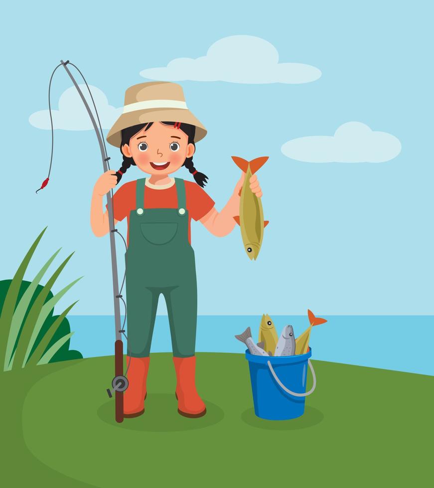 pescatore ragazza carina che tiene la canna da pesca che mostra i suoi pesci catturati in piedi vicino al secchio vettore