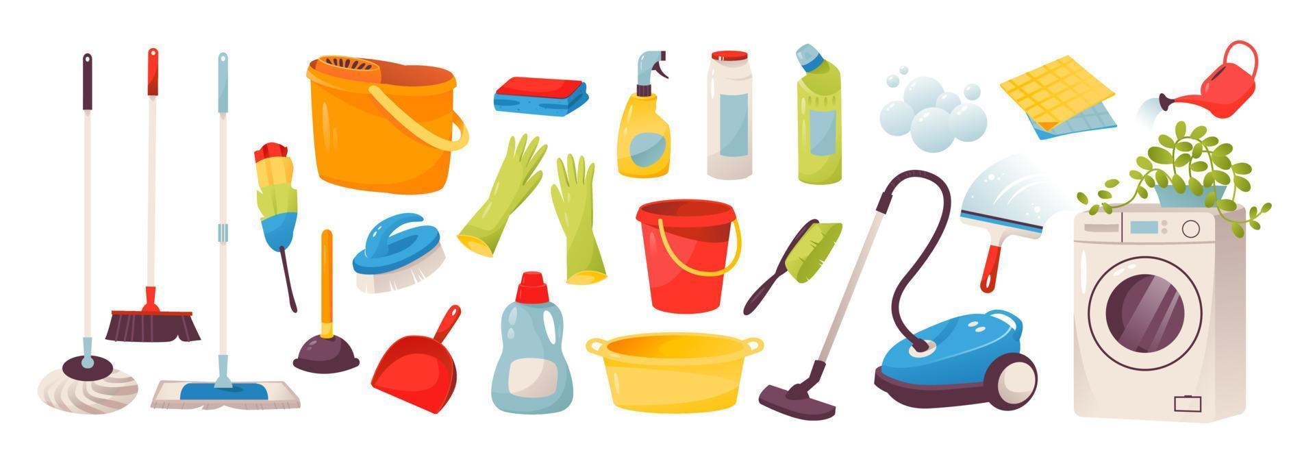 pulizia. icone di strumenti per la pulizia della casa e dell'ufficio. lavatrice, aspirapolvere, detersivi e prodotti per la pulizia. concetto di lavoro domestico. illustrazione vettoriale isolata