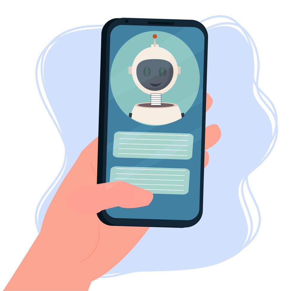 smartphone con mano, conversazione con chat bot isolato su sfondo bianco illustrazione vettoriale d'archivio. servizio di supporto online, intelligenza virtuale personale mobile.