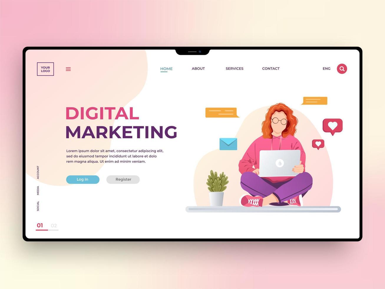 modello di pagina web di marketing digitale con una giovane donna che lavora su un laptop. strategia aziendale, potenzia il tuo marchio. illustrazione vettoriale in stile piatto per lo sviluppo di dispositivi mobili, poster, banner e siti Web