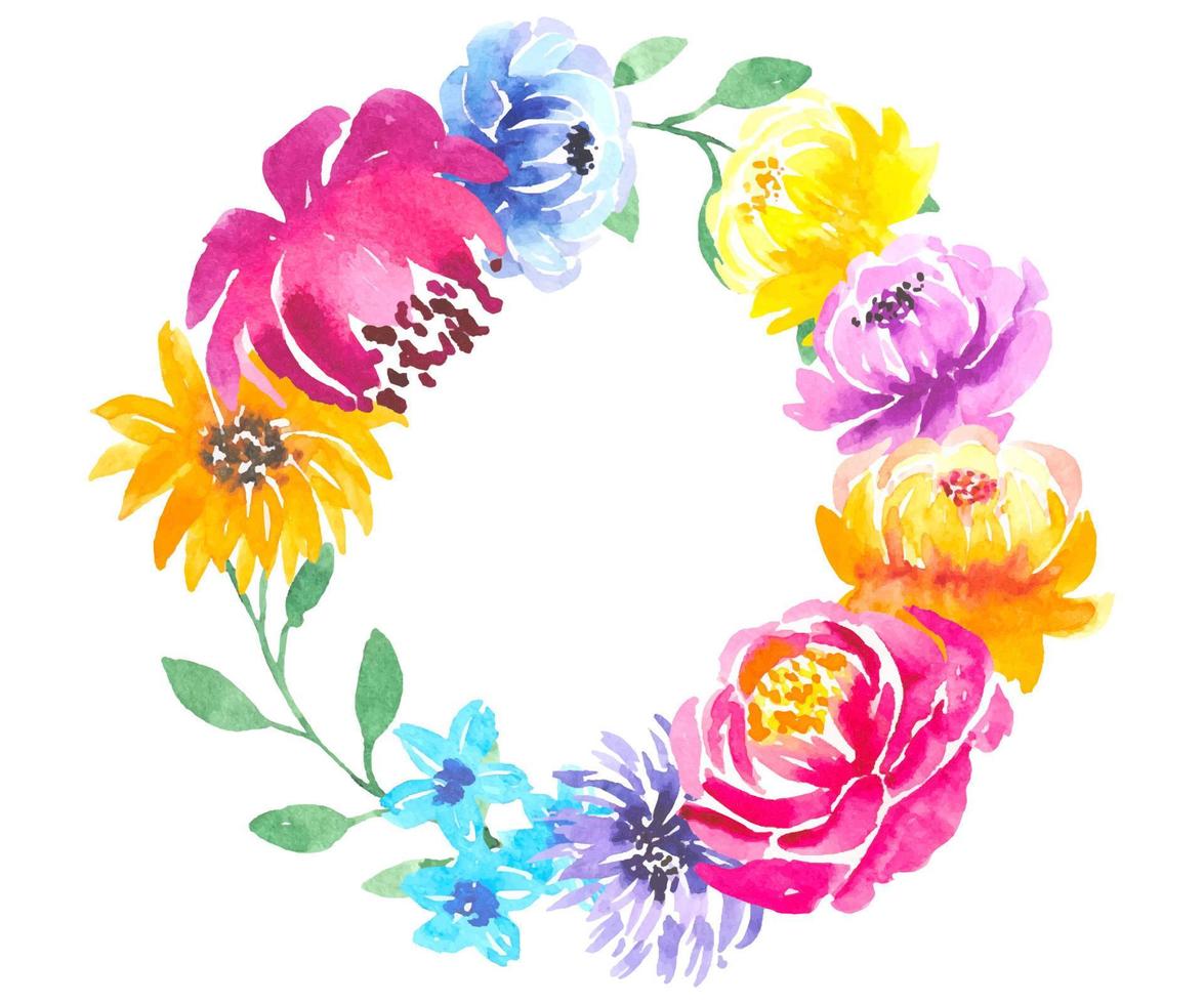 corona floreale con fiori ad acquerello colorati isolati vettore