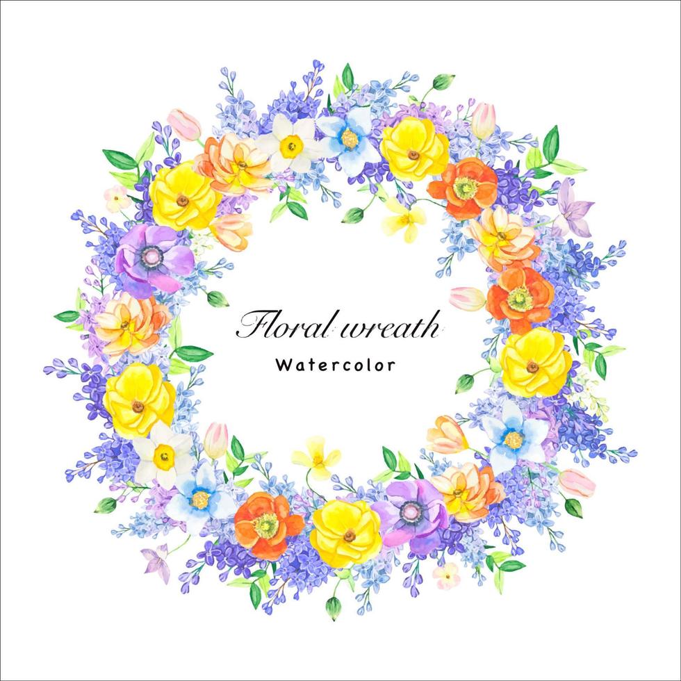 corona floreale con fiori estivi, illustrazione ad acquerello vettore