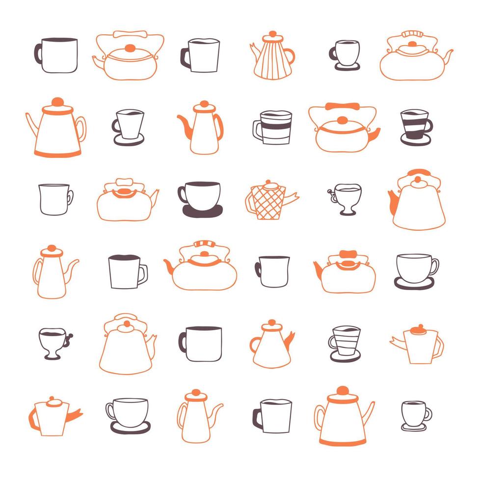 doodle teiera, tazze e tazze collezione semplice. vettore