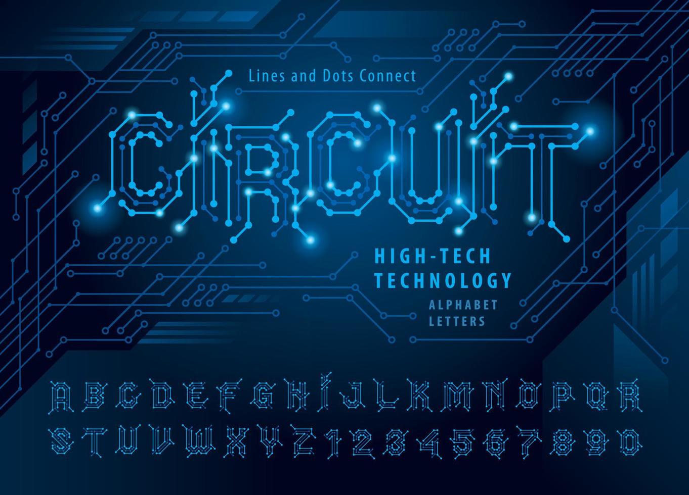 vettore di lettere e numeri dell'alfabeto del circuito, lettera del poligono del punto di collegamento della rete, circuito stampato della linea di collegamento del punto, modello della rete scientifica, lettere futuristiche impostate per fantascienza, tecnologia, digitale.