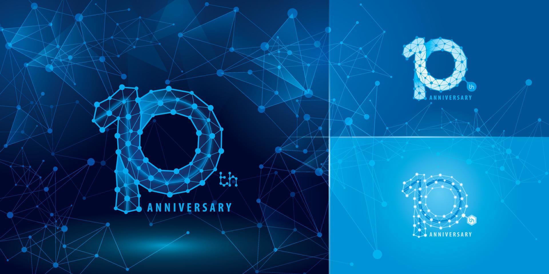 set di design del logo del decimo anniversario, dieci anni che celebrano il logo dell'anniversario, poligono di collegamento di rete geometrico, logo infinito vettore