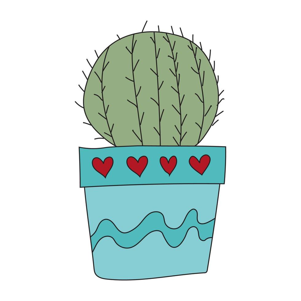 cactus di piante domestiche in un vaso blu. carino vettore doodle illustrazione della pianta della casa