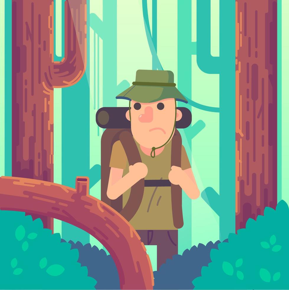 uomo che fa un'escursione nella foresta verde con l'illustrazione piana di vettore di progettazione della faccia preoccupata