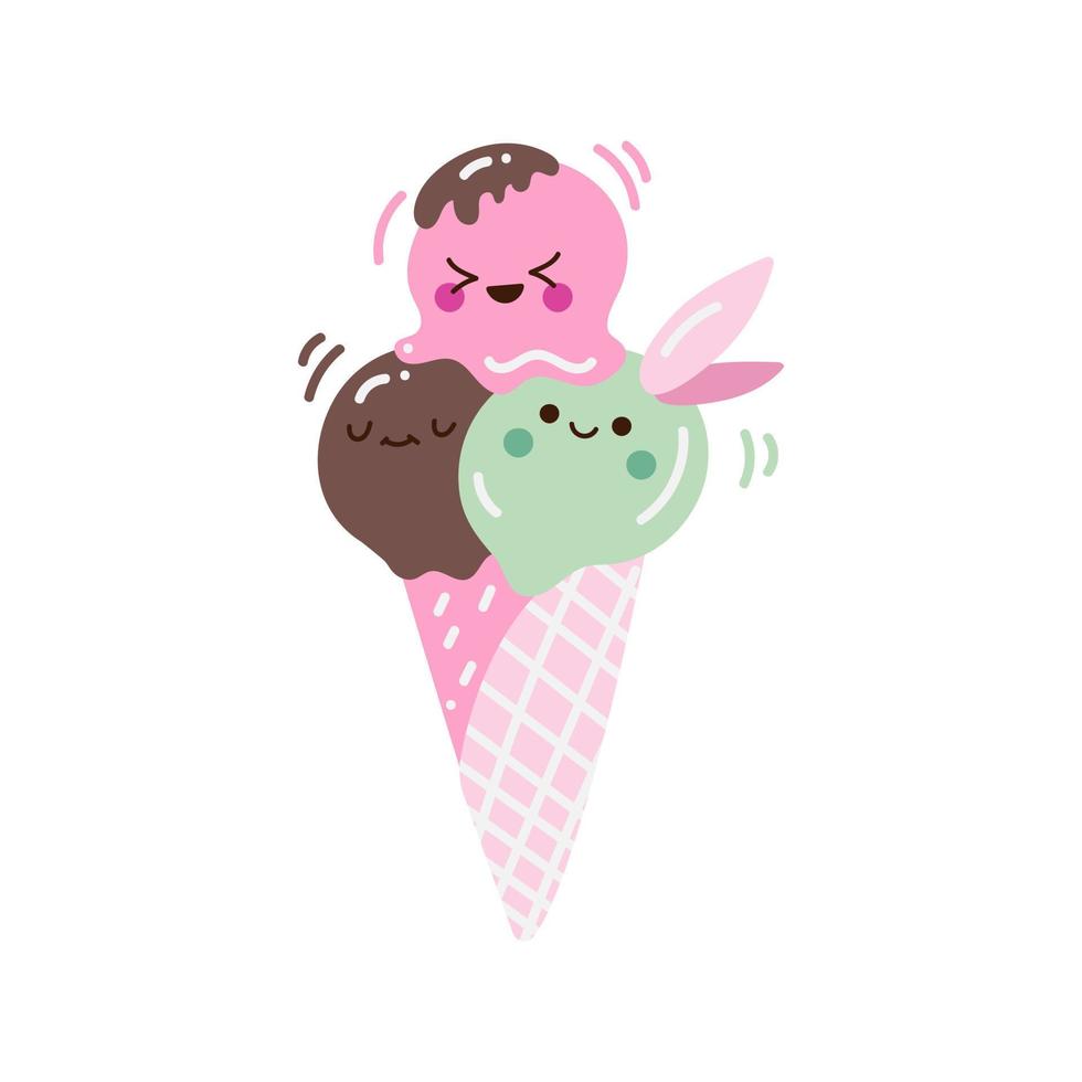 simpatiche palline di gelato al pistacchio e cioccolato rosa fondente in un cono di cialda. doodle art isolato su sfondo bianco vettore