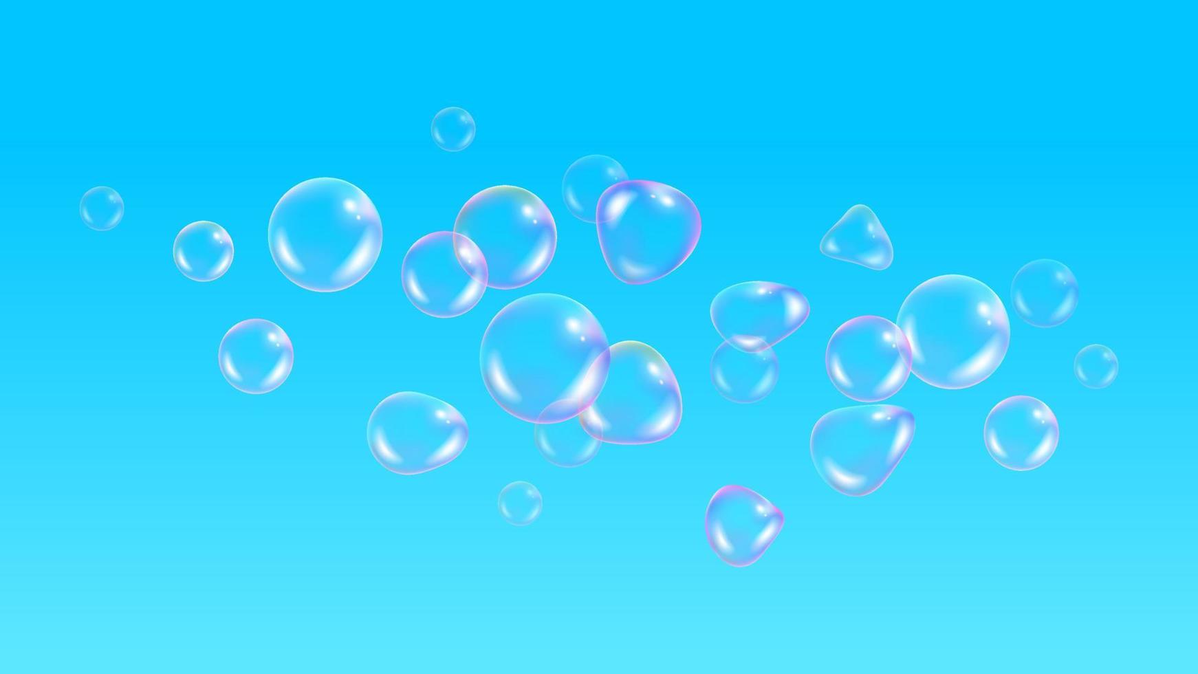 sfondo per bambini, con carta da parati palloncini. bolle di sapone realistiche con riflesso arcobaleno su sfondo blu cielo. bolle di schiuma d'acqua vettoriale. sfera di vetro arcobaleno colorato. vettore
