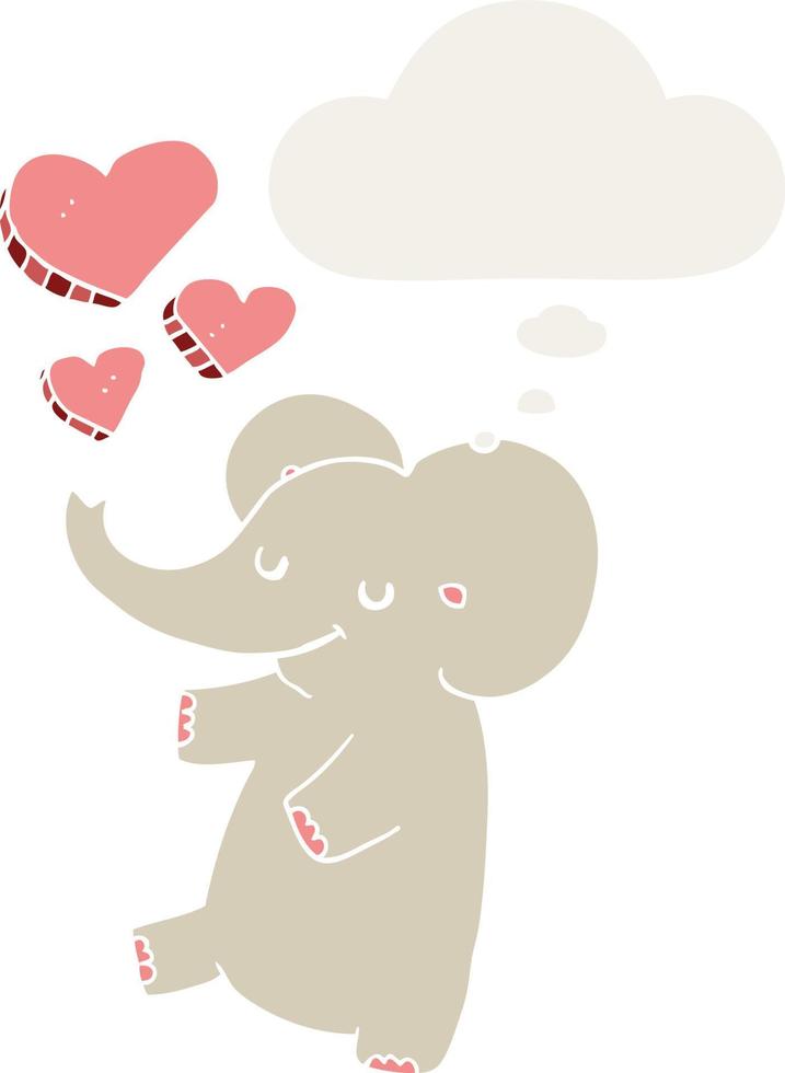 elefante cartone animato con cuori d'amore e bolla di pensiero in stile retrò vettore