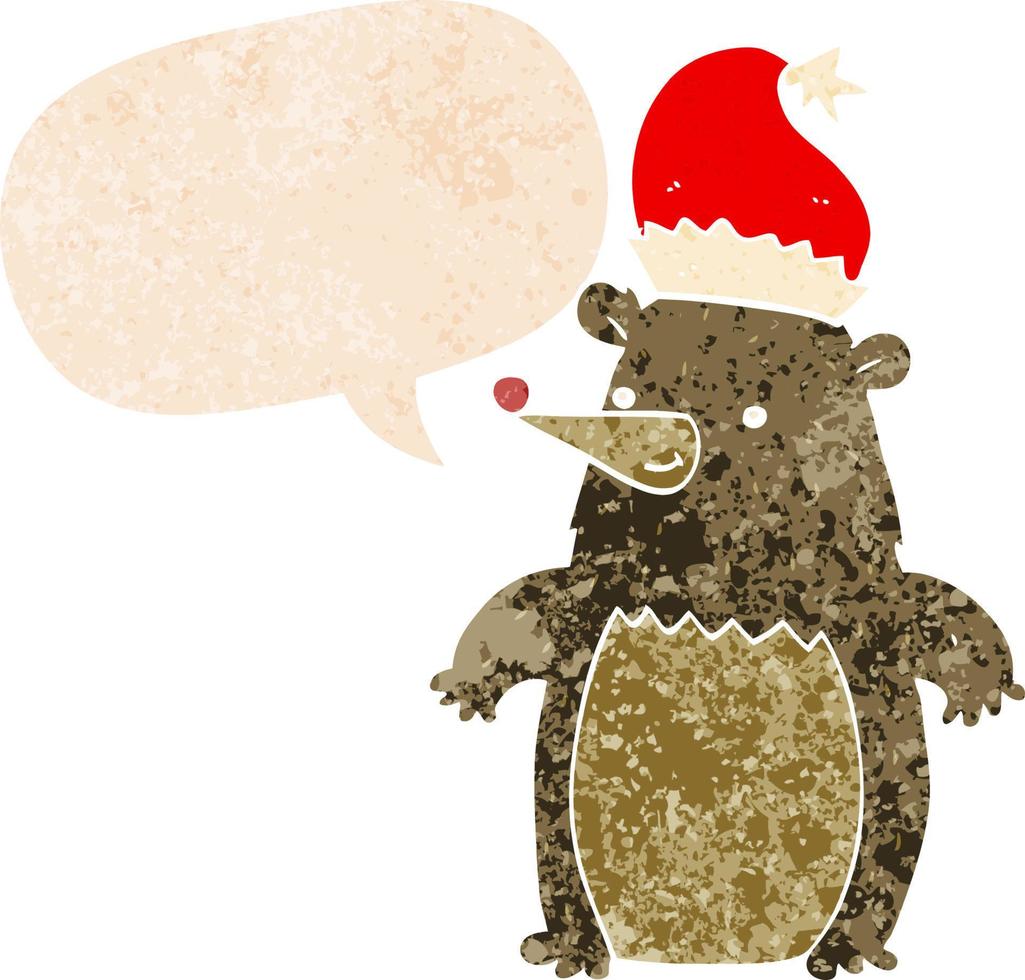 orso del fumetto che indossa il cappello di Natale e il fumetto in stile strutturato retrò vettore