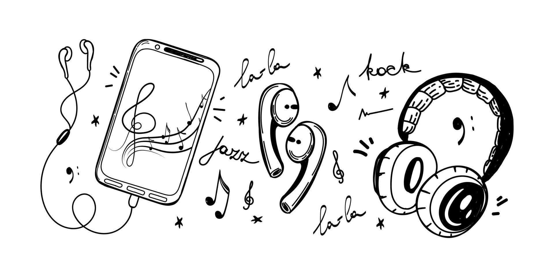 un set di dispositivi per ascoltare musica, disegnati a mano in stile doodle-sketch. smartphone con cuffie, cuffie dj grandi e cuffie wireless piccole. generi musicali disegnati a mano. elemento isolato. vettore