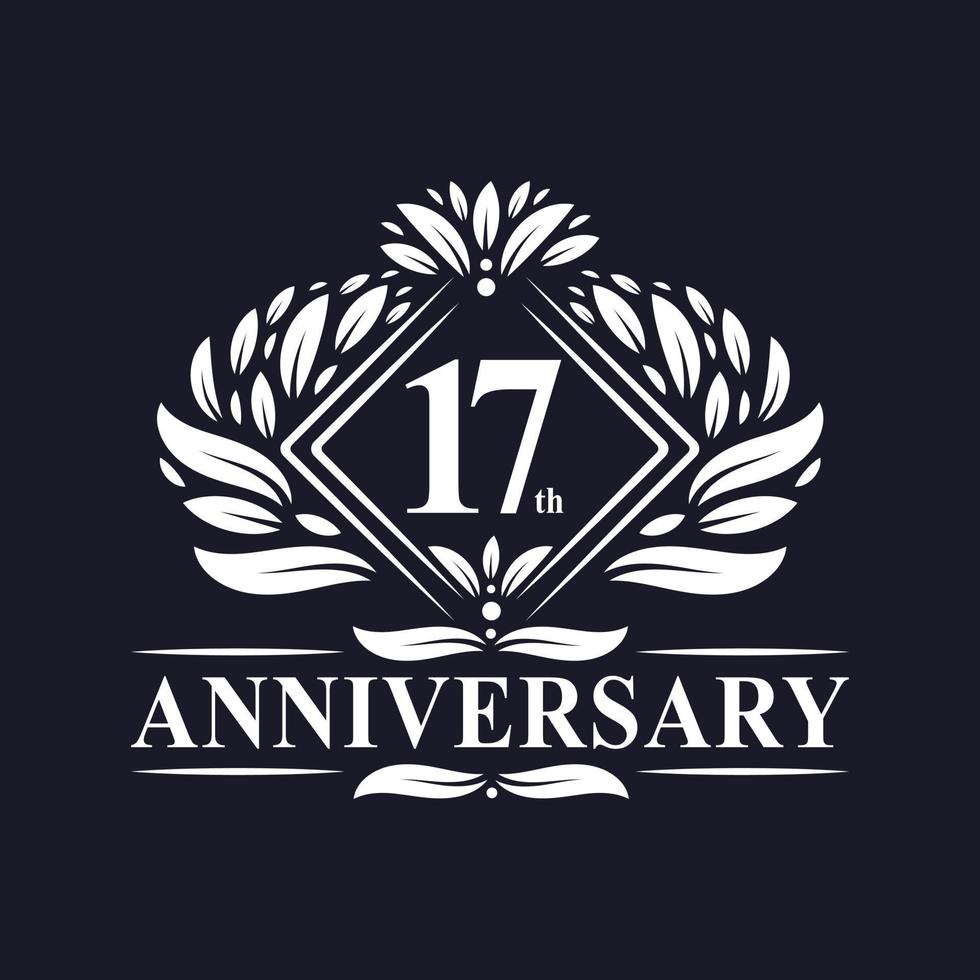 Logo dell'anniversario di 17 anni, logo floreale di lusso del 17° anniversario. vettore