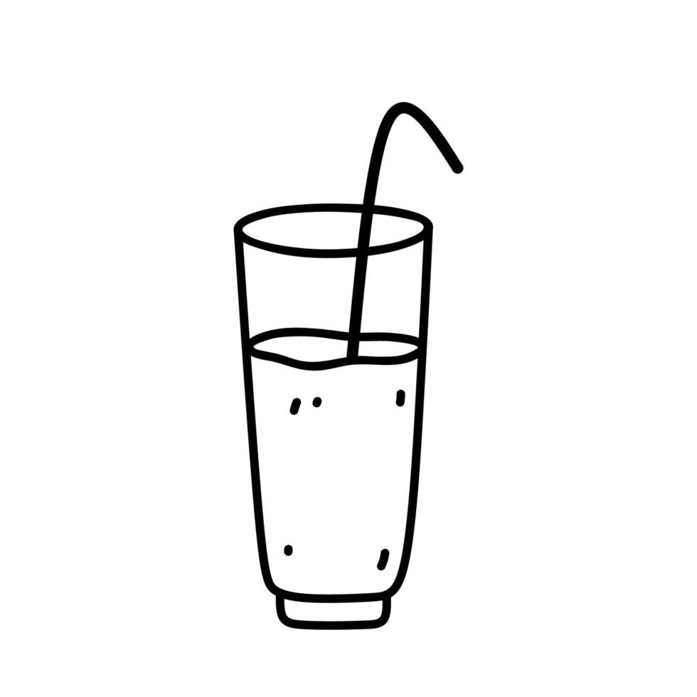 un bicchiere con succo o acqua e una cannuccia isolata su sfondo bianco. illustrazione disegnata a mano di vettore in stile doodle. perfetto per decorazioni, loghi, menu, ricette, disegni vari.