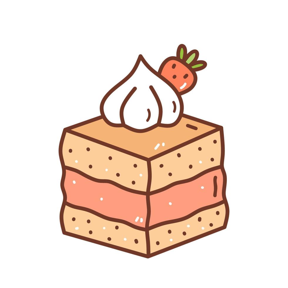 pezzo di torta di fragole isolato su sfondo bianco. dolce carino decorato con frutti di bosco. illustrazione disegnata a mano di vettore in stile doodle. perfetto per i disegni delle vacanze, carte, decorazioni, logo, menu.