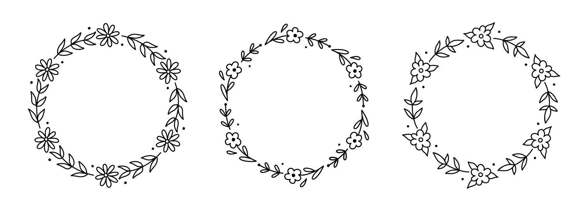 set di corone di fiori isolati su sfondo bianco. cornici rotonde con fiori e foglie. illustrazione disegnata a mano di vettore in stile doodle. perfetto per biglietti, inviti, decorazioni, logo.