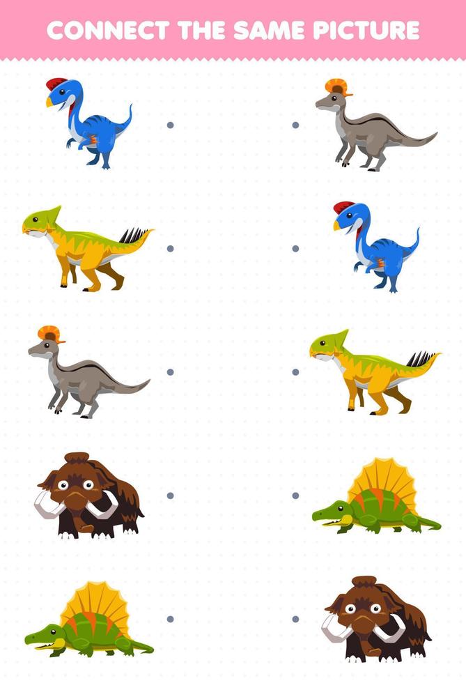 gioco educativo per bambini collega la stessa immagine del foglio di lavoro stampabile dinosauro preistorico simpatico cartone animato vettore