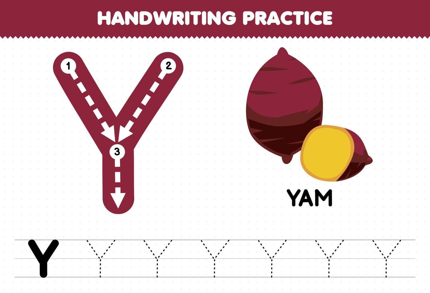 gioco educativo per bambini pratica di scrittura a mano con lettere maiuscole y per foglio di lavoro stampabile yam vettore